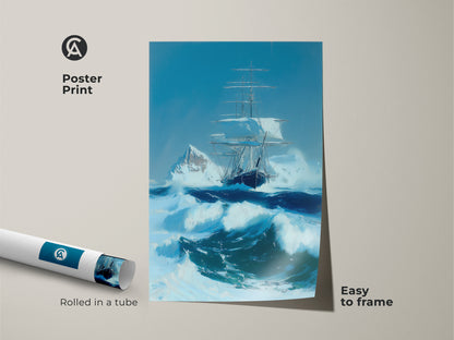 Poster print depicting a tall ship navigating an ocean storm. This nautical artwork features an iceberg seascape in blue hues. Perfect for framing this maritime adventure artwork enhances any study or office. It comes rolled in a tube for easy framing.