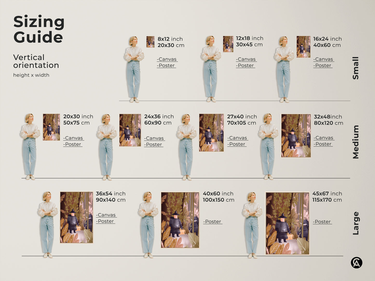 Sizing guide for flat samurai warrior art prints. Visualize canvas and poster options in small medium and large sizes. This modern art is perfect for office wall art or unique home decor. Find the right fit now.