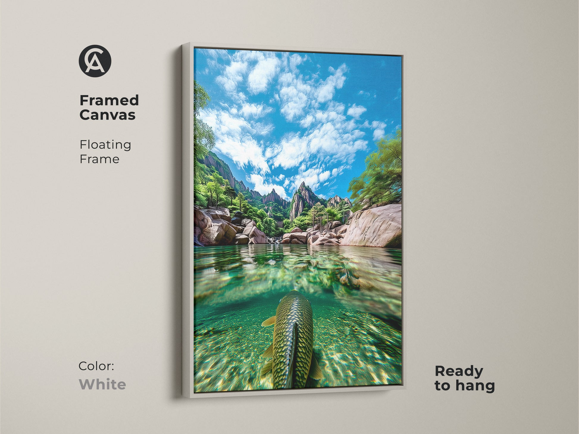 A framed canvas displays realistic nature photography and underwater fish artwork. The white floating frame complements the blue green landscape. Add a serene water scene to your bedroom or living room. It is a great gift for outdoor enthusiasts and fishing lovers.