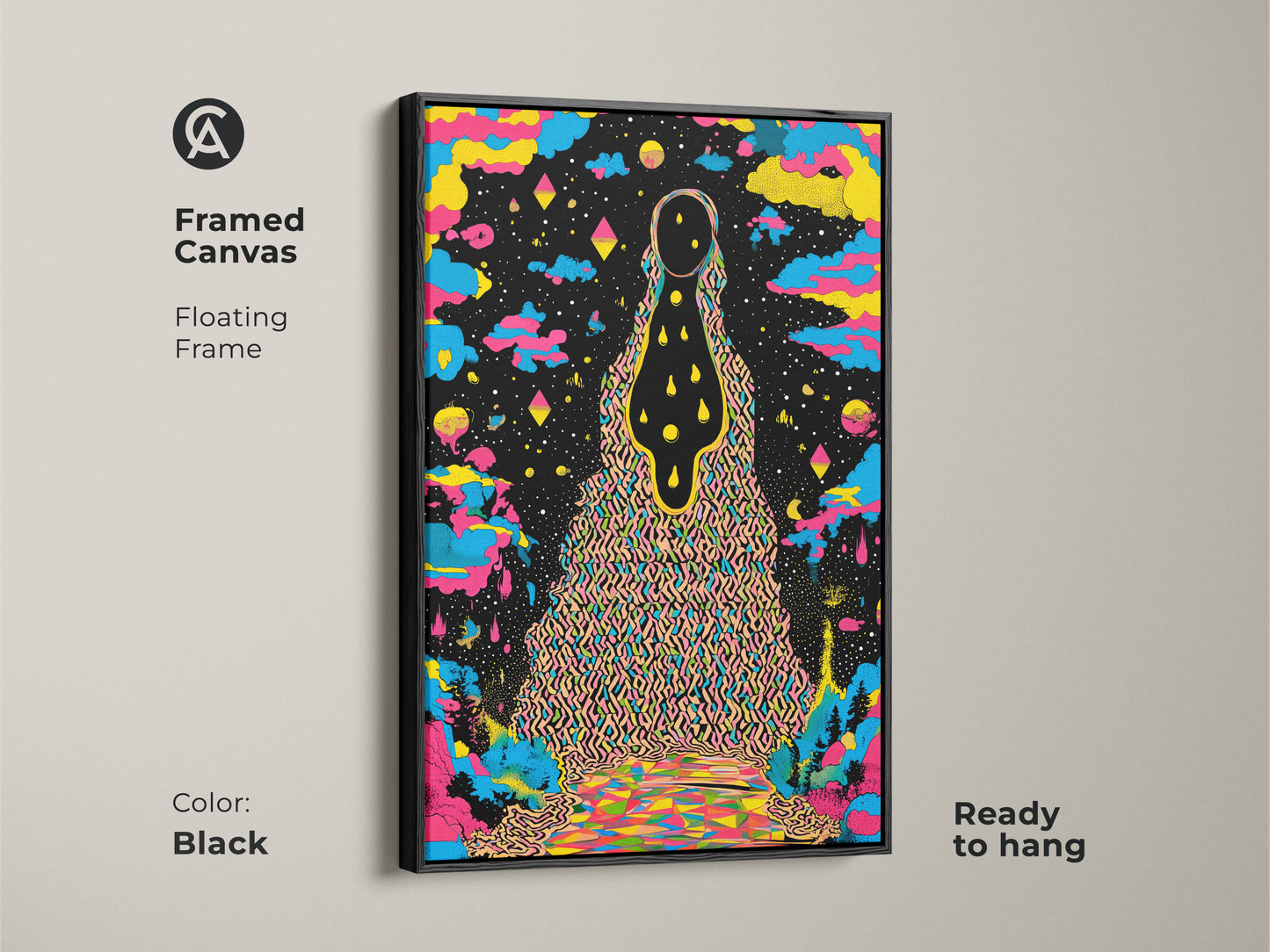 Framed canvas featuring psychedelic wall art in a black floating frame. The abstract landscape print showcases surreal cosmic art. The colorful figure art is ready to hang making it ideal for eclectic home decor. The yellow blue and black canvas adds a unique vibrant touch. It is a perfect birthday gift for the art lover.