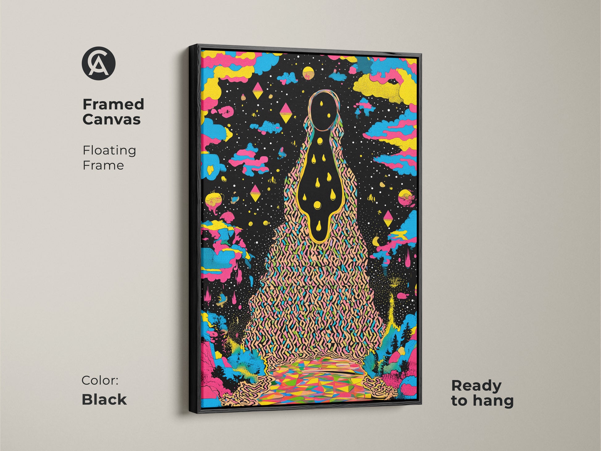 Framed canvas featuring psychedelic wall art in a black floating frame. The abstract landscape print showcases surreal cosmic art. The colorful figure art is ready to hang making it ideal for eclectic home decor. The yellow blue and black canvas adds a unique vibrant touch. It is a perfect birthday gift for the art lover.