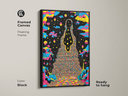 Framed canvas featuring psychedelic wall art in a black floating frame. The abstract landscape print showcases surreal cosmic art. The colorful figure art is ready to hang making it ideal for eclectic home decor. The yellow blue and black canvas adds a unique vibrant touch. It is a perfect birthday gift for the art lover.