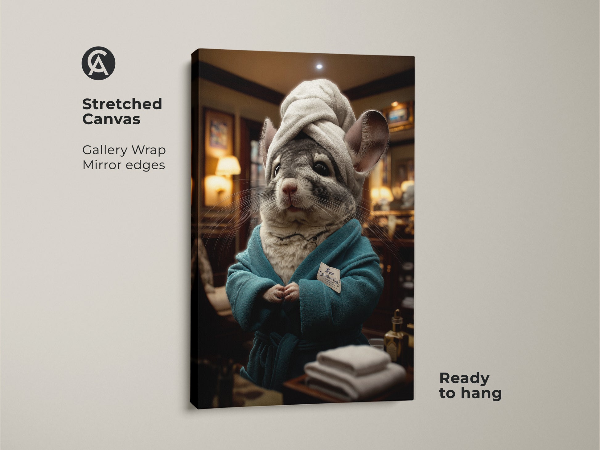 Stretched canvas art displays a chinchilla spa day scene. The gallery wrap showcases the mirror edges. It arrives ready to hang. This funny animal poster is a perfect gift for pet lovers. Teal robe and head wrap add to the whimsical artwork. Ideal for eclectic home decor and spa-themed bathrooms. 