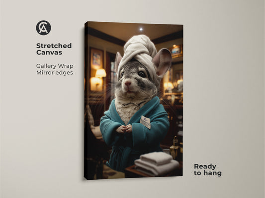 Stretched canvas art displays a chinchilla spa day scene. The gallery wrap showcases the mirror edges. It arrives ready to hang. This funny animal poster is a perfect gift for pet lovers. Teal robe and head wrap add to the whimsical artwork. Ideal for eclectic home decor and spa-themed bathrooms. 