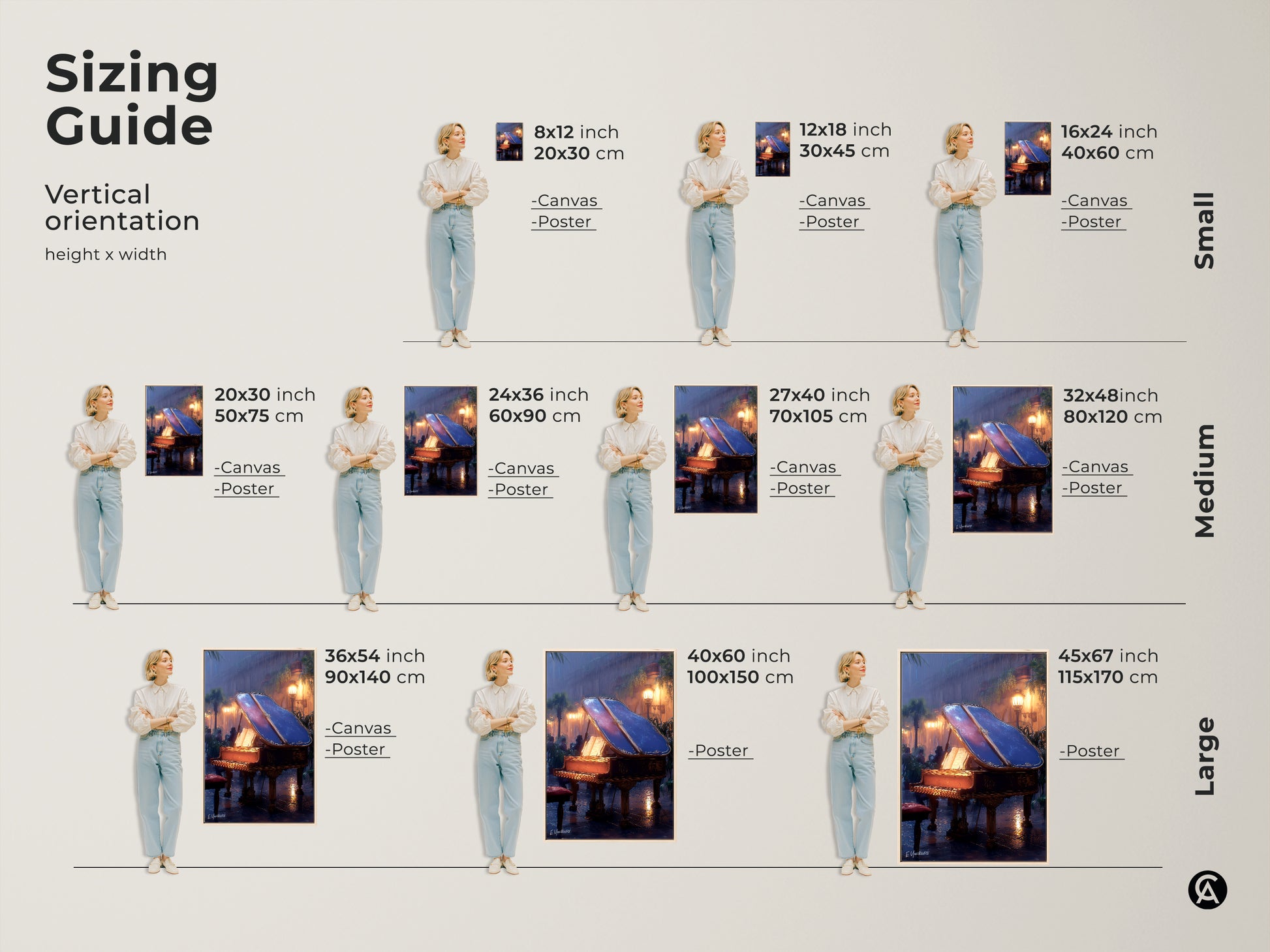 Sizing guide for the grand piano canvas artwork in vertical orientation showing various sizes. From 8x12 inch to 45x67 inch options are available as canvas and poster prints. Perfect for adding eclectic music decor to any residential or studio space.