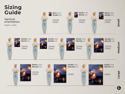 Sizing guide for the grand piano canvas artwork in vertical orientation showing various sizes. From 8x12 inch to 45x67 inch options are available as canvas and poster prints. Perfect for adding eclectic music decor to any residential or studio space.