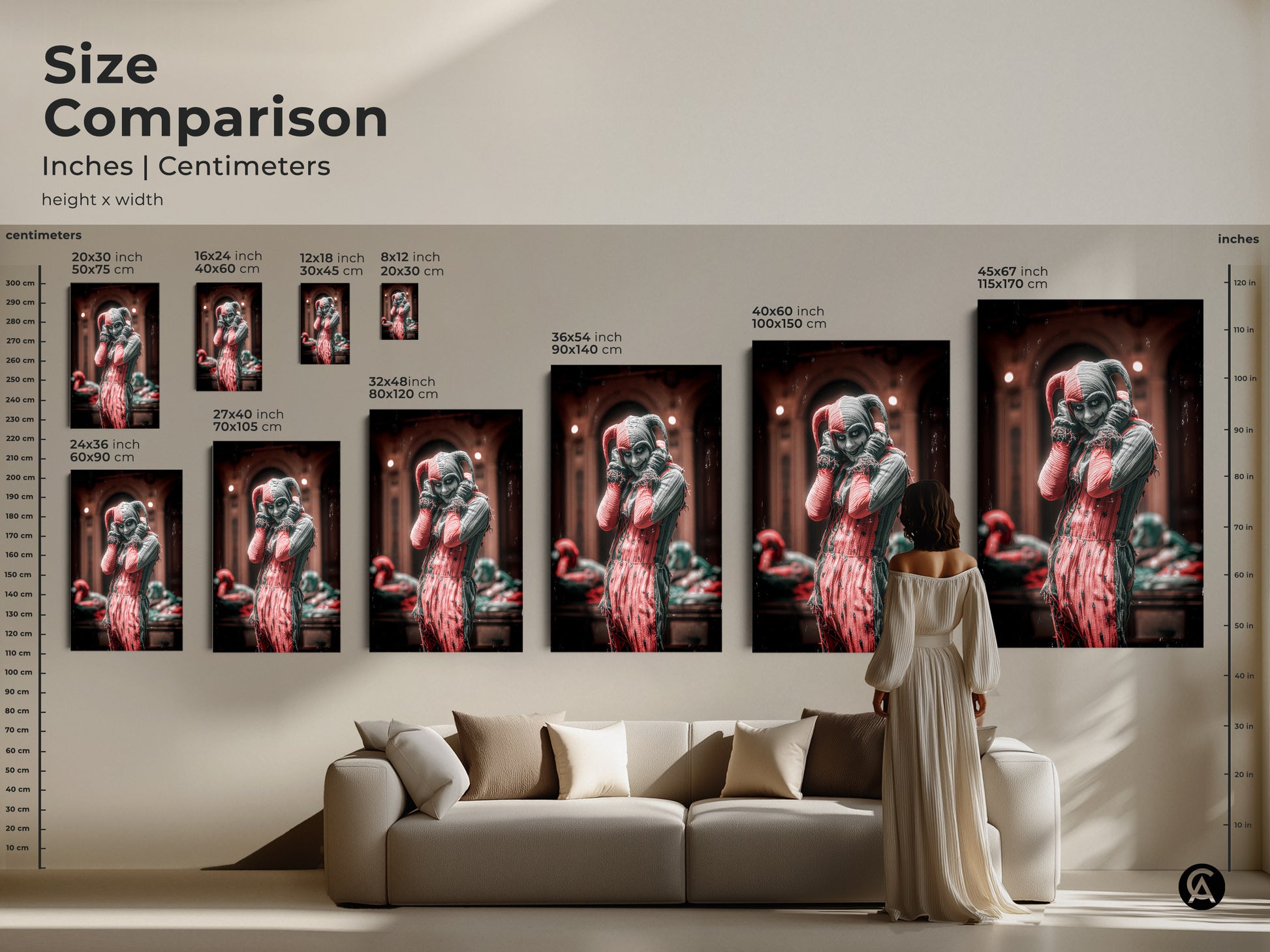 Size comparison chart for gothic crimson & black harlequin artwork. This unique fantasy wall art comes in inches & centimeters. See how each size fits with this comparison. Find the perfect macabre fantasy decor to elevate your home or office space.