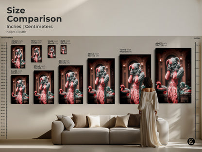 Size comparison chart for gothic crimson & black harlequin artwork. This unique fantasy wall art comes in inches & centimeters. See how each size fits with this comparison. Find the perfect macabre fantasy decor to elevate your home or office space.