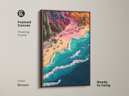 Brown framed canvas art featuring a beach scene. The floating frame enhances this colorful artwork. The beach has turquoise waves. Palm trees and beach umbrellas dot the sand. This artwork is ready to hang.