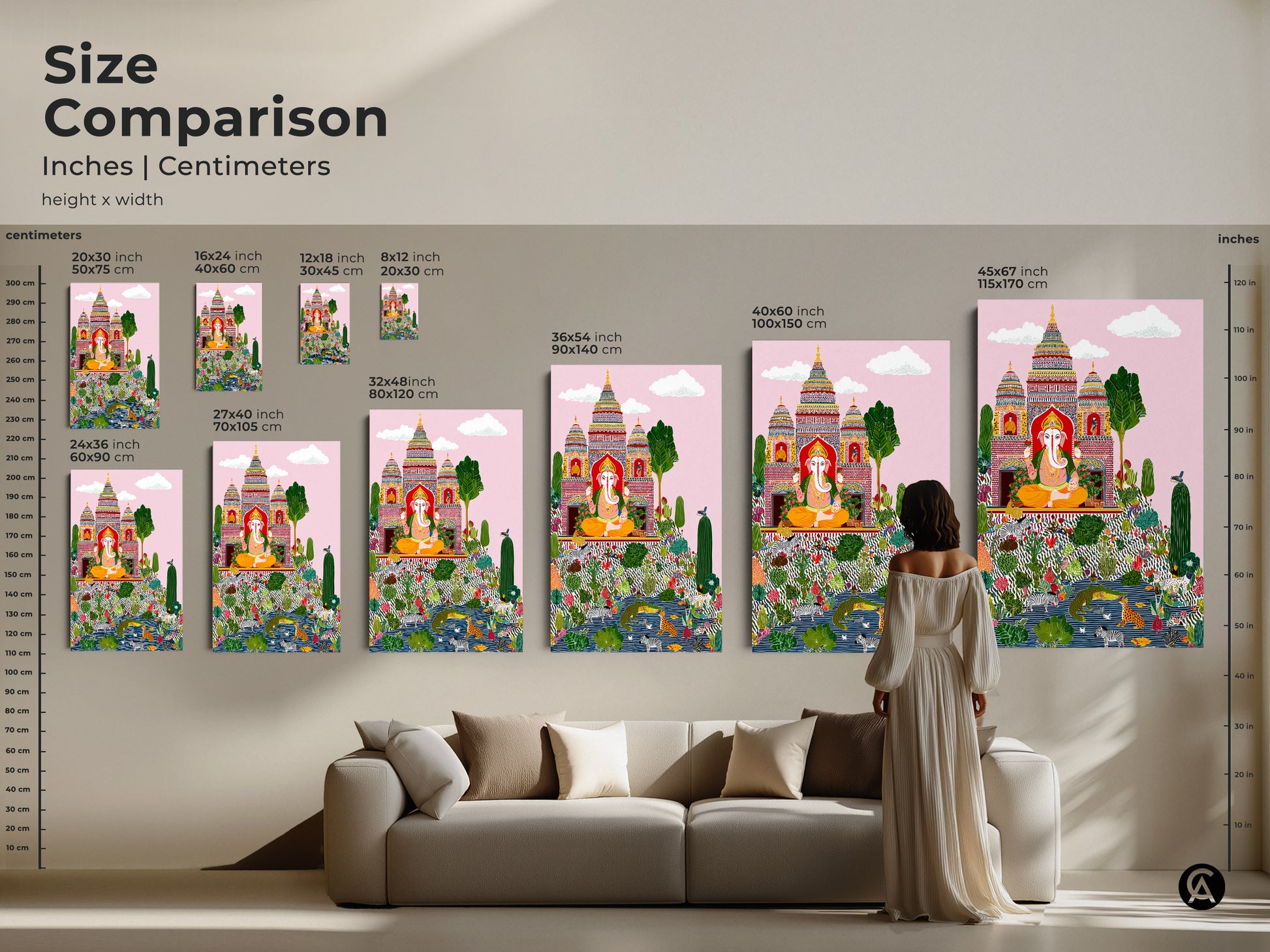 Size comparison of Ganesha artwork on a wall above a sofa. This vibrant Ganesha canvas print features a scale comparison. View the spiritual artwork with botanical details at various sizes. Choose the ideal eclectic wall decor for your space. Sizes range from small to large canvases.