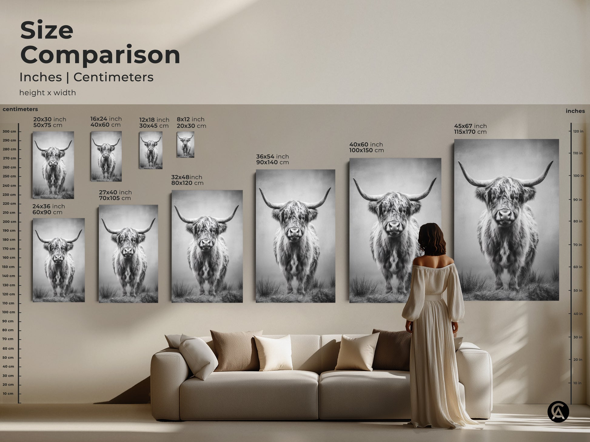 Size comparison of Highland cow art in inches and centimeters. See how various sizes fit above a sofa. This monochrome bull print enhances modern farmhouse and country living decor.