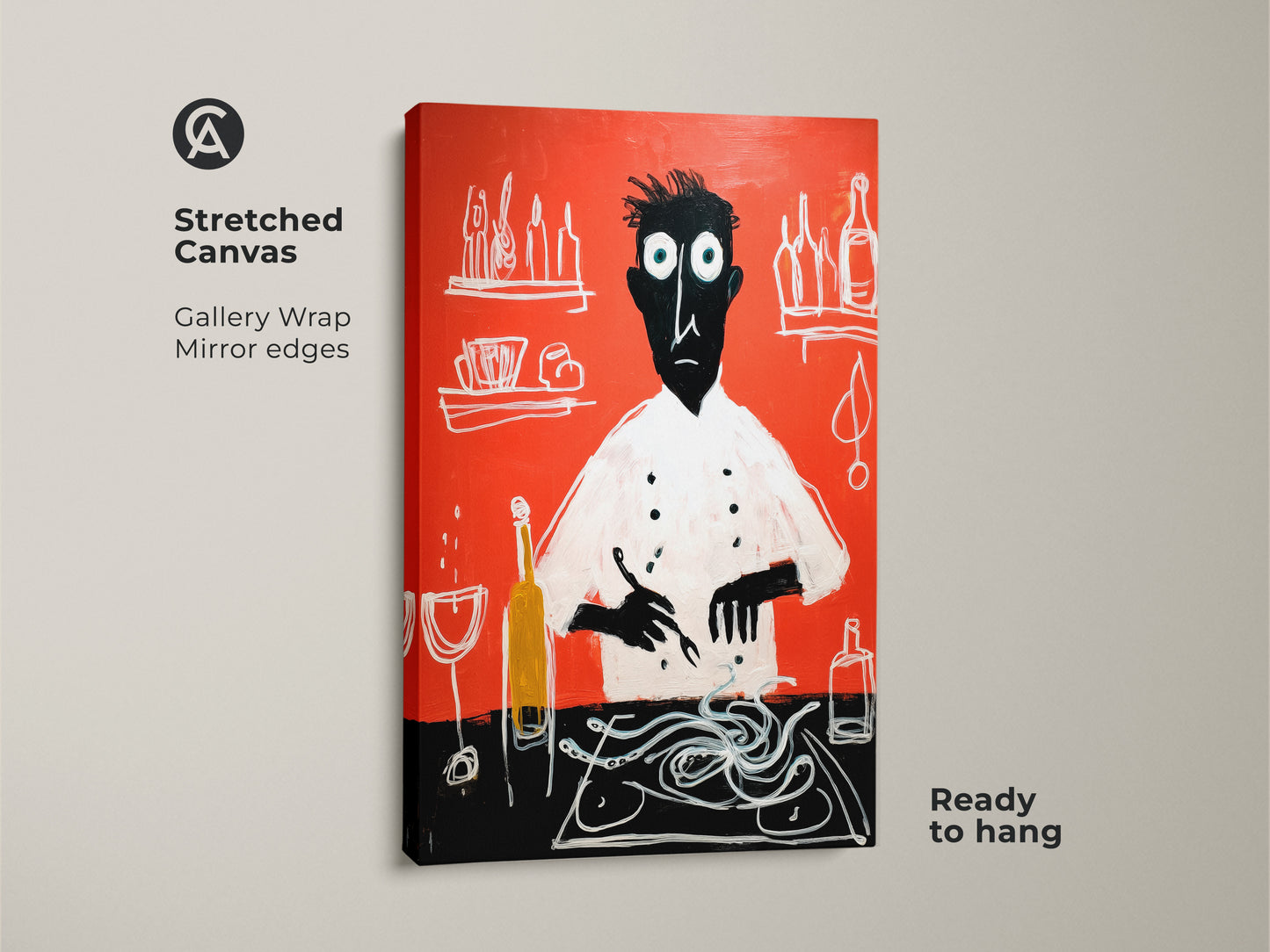 A stretched canvas print featuring a stylized chef creating spaghetti. This gallery-wrapped art on a red background brings eclectic charm to kitchens. It’s ready to hang as a unique gift for chefs adding modern folk art to home decor. Ideal abstract wall art.