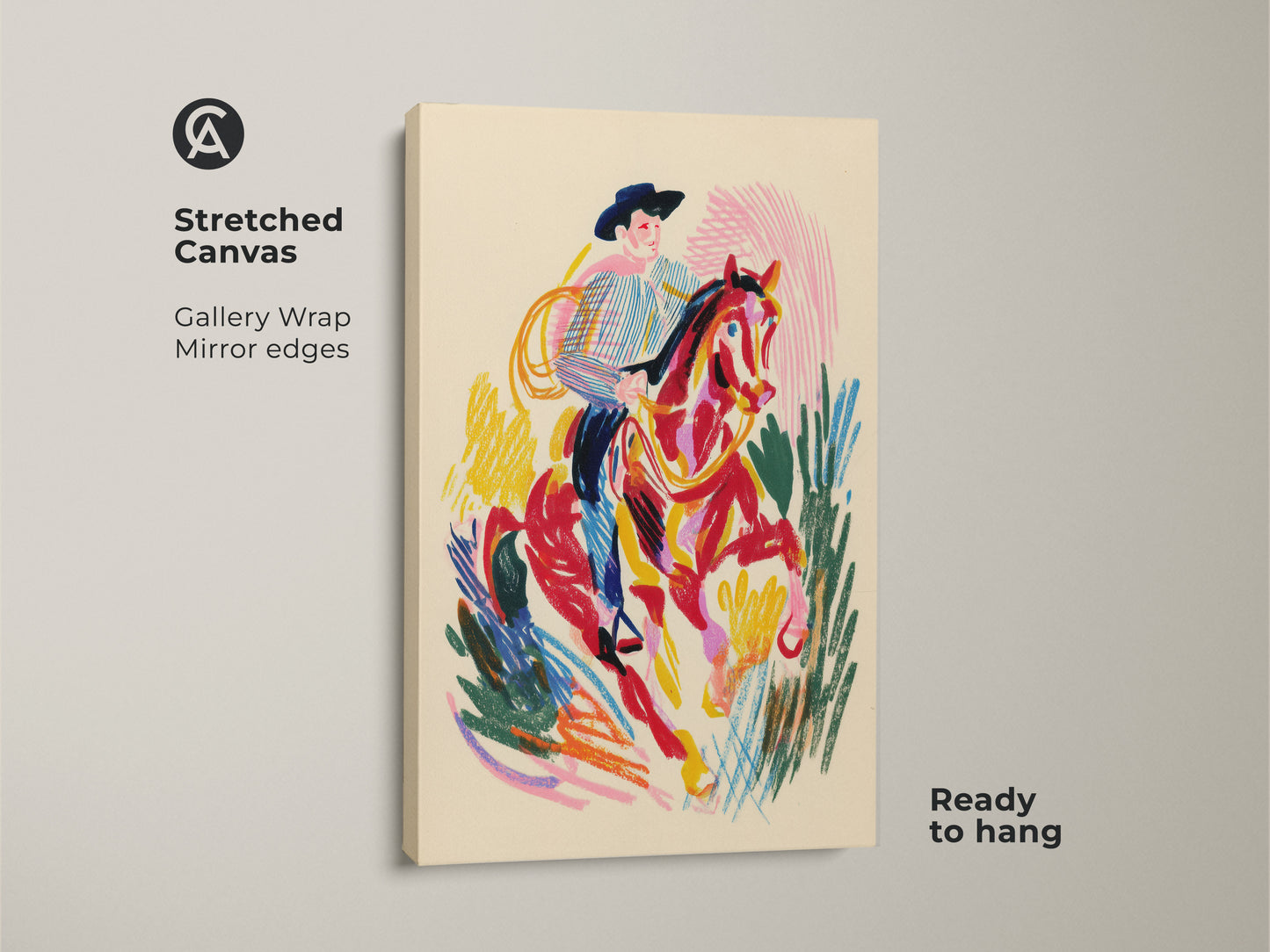 Stretched canvas print of a cowboy riding a horse. Gallery wrapped with mirrored edges. This western rodeo canvas print is ready to hang. The art features an expressionistic style.