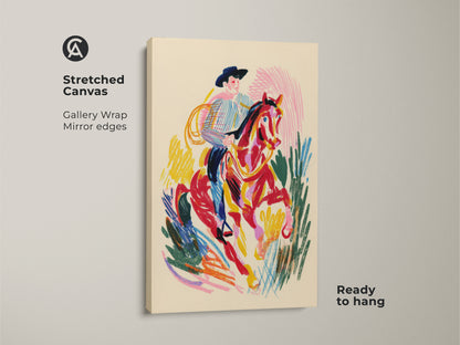 Stretched canvas print of a cowboy riding a horse. Gallery wrapped with mirrored edges. This western rodeo canvas print is ready to hang. The art features an expressionistic style.