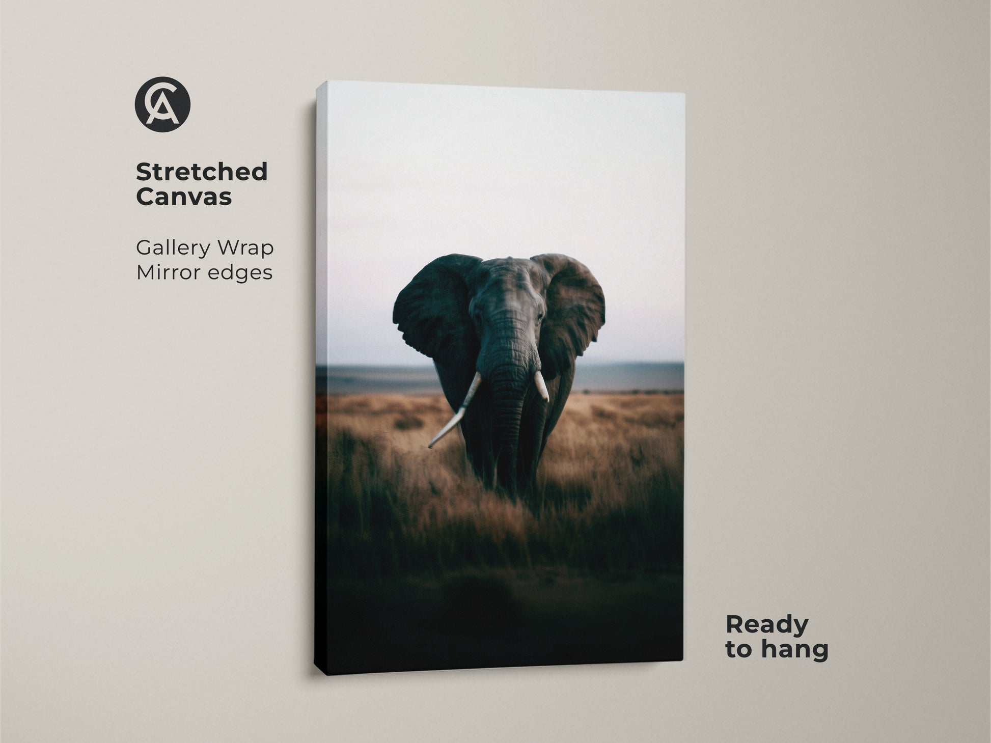 Stretched canvas of an elephant art print ready to hang. Gallery wrap with mirror edges showcases this African savanna artwork. The wildlife photography brings nature indoors. The teal green tones enhance any bedroom nature wall or living room decor. A captivating animal portrait.