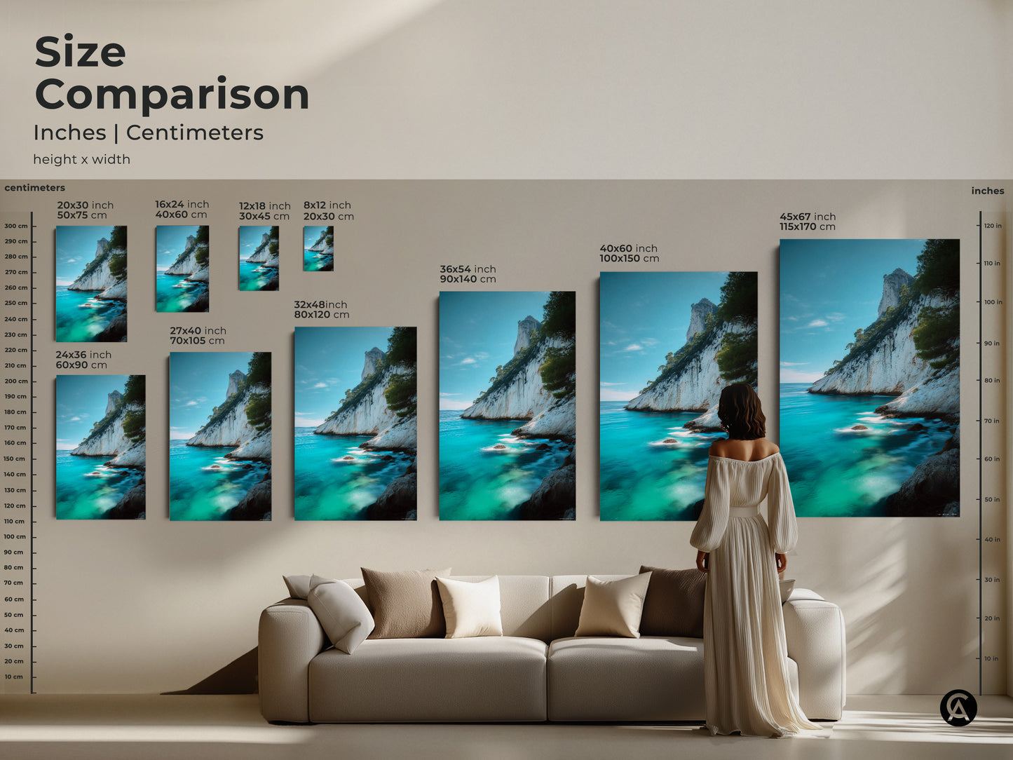 Size comparison showcases various dimensions of azure ocean coastal artwork. Canvas and poster prints range from 20x30 cm to 45x67 inch sizes. This art makes a stunning addition to residential wall decor over sofas creating summer vibes.