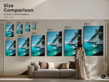 Size comparison showcases various dimensions of azure ocean coastal artwork. Canvas and poster prints range from 20x30 cm to 45x67 inch sizes. This art makes a stunning addition to residential wall decor over sofas creating summer vibes.