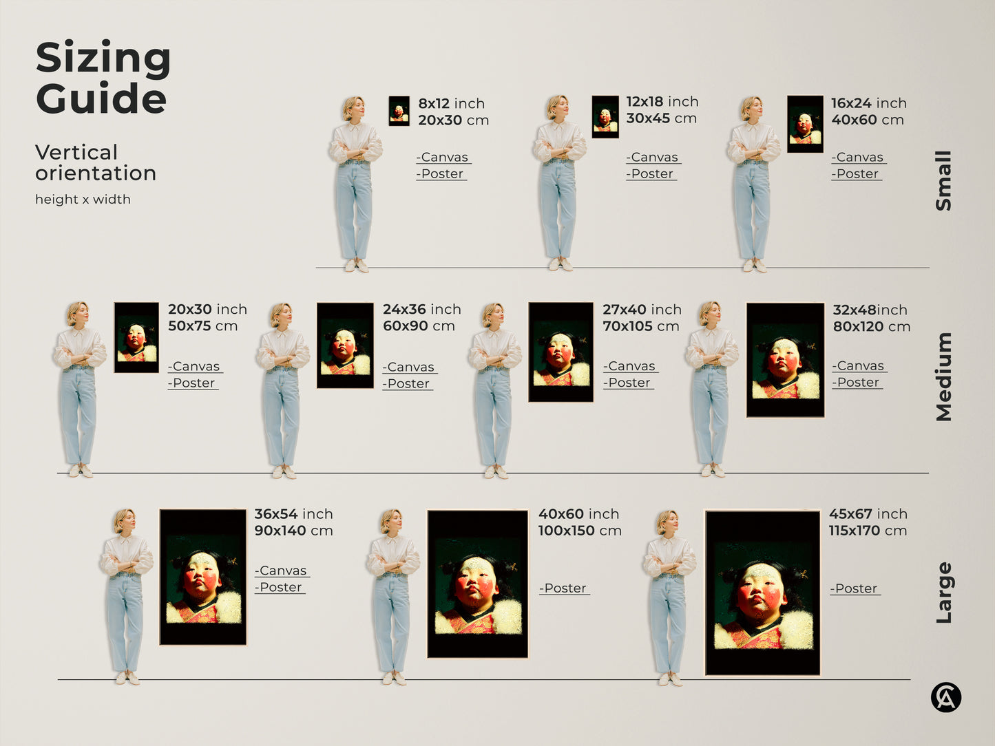 Sizing guide for a cultural child portrait oil painting style art print. Sizes range from small to large. Select the perfect fit for eclectic bedroom decor. It's a unique gift for family or a festive birthday gift.