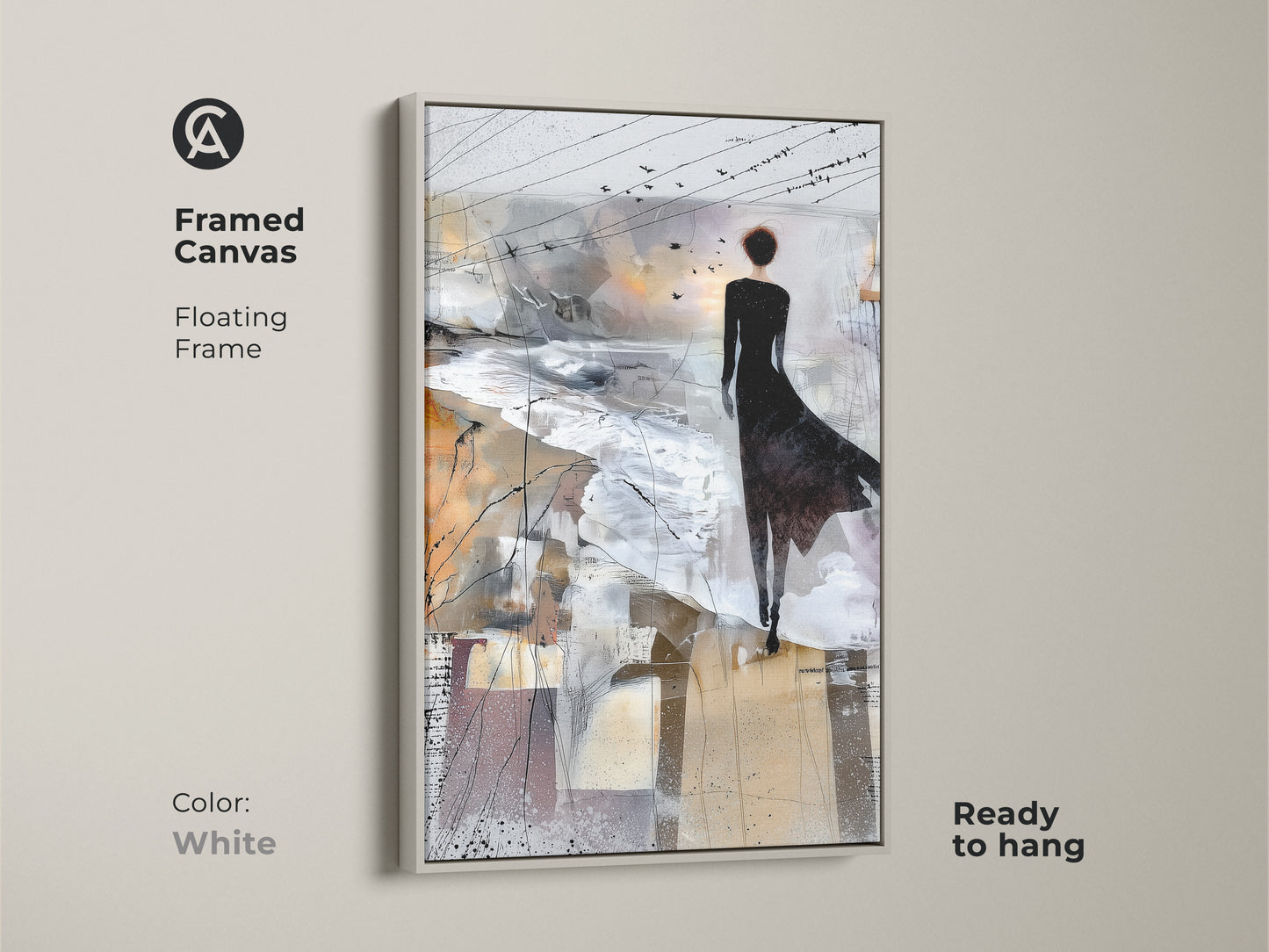 White framed canvas with abstract art print in Brown White and Grey. Featuring a woman with birds on canvas. This contemporary figurative landscape adds a sense of style to bedroom art. Ready to hang.