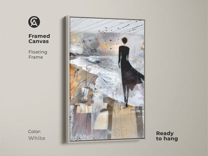 White framed canvas with abstract art print in Brown White and Grey. Featuring a woman with birds on canvas. This contemporary figurative landscape adds a sense of style to bedroom art. Ready to hang.