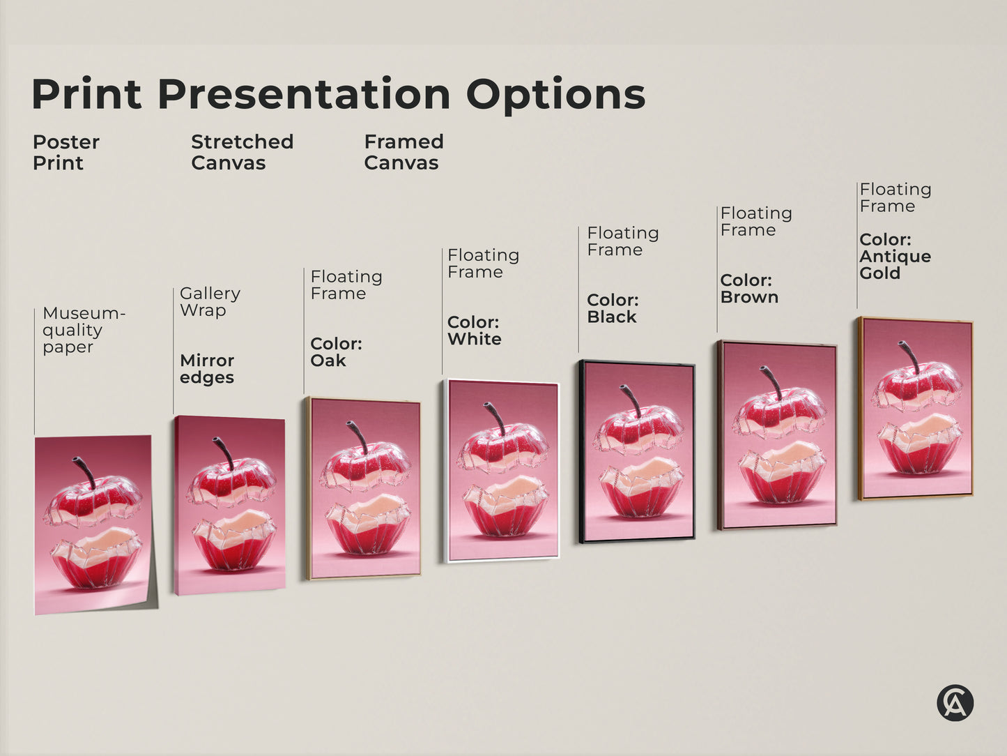 Explore print presentation options for surreal apple art. Choose from poster prints stretched canvas and framed canvas. Each style enhances the abstract red and pink artwork. Find the perfect modern kitchen wall art. Elevate your home decor with a foodie gift.