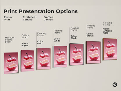 Explore print presentation options for surreal apple art. Choose from poster prints stretched canvas and framed canvas. Each style enhances the abstract red and pink artwork. Find the perfect modern kitchen wall art. Elevate your home decor with a foodie gift.