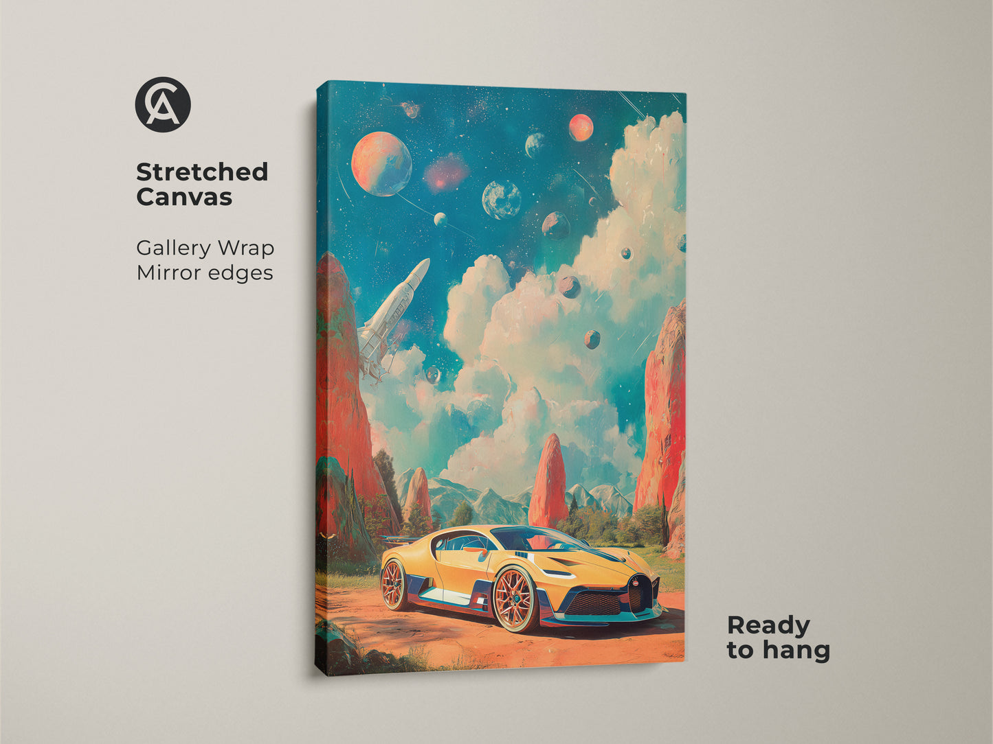 A Sci-Fi Wall Art Print featuring a yellow sports car and a rocket ship in space. This retro futurism canvas art enhances any space. The poster makes framing easy. It adds a unique touch to your game room decor or office art selection.