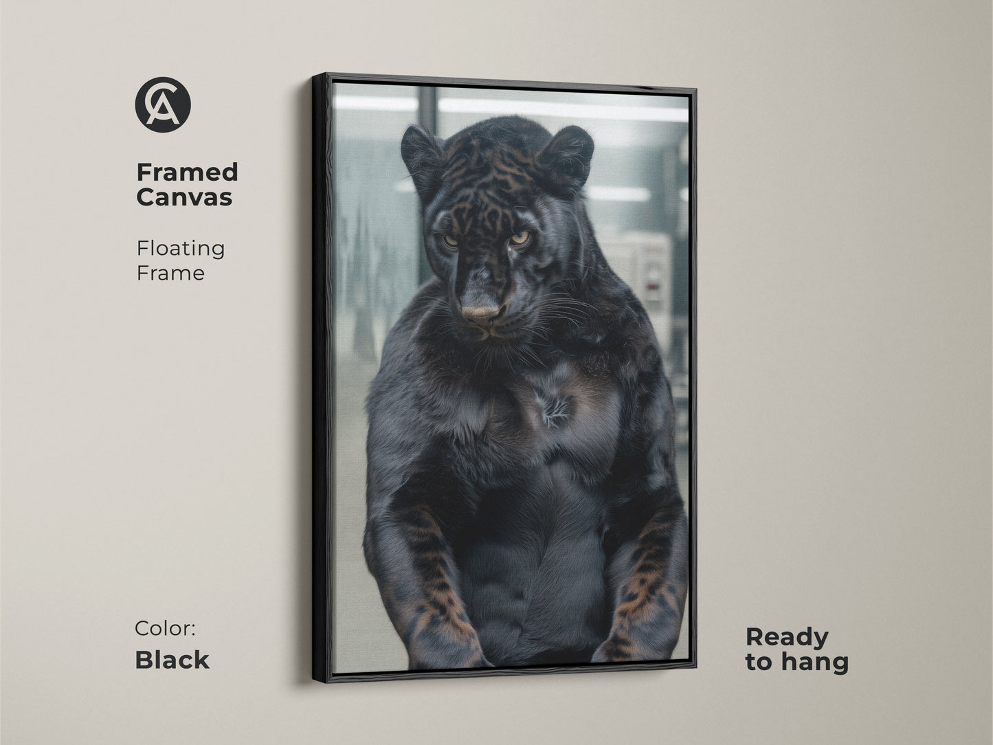 Framed canvas featuring a black panther with a floating frame. The black frame enhances the artwork's bold presence. This ready-to-hang canvas adds sophistication to your decor. The panther's muscular build and intense eyes create a captivating focal point. Elevate your space with this stunning piece.