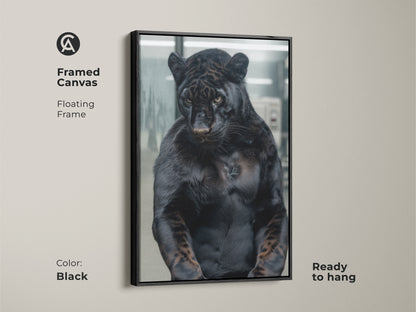 Framed canvas featuring a black panther with a floating frame. The black frame enhances the artwork's bold presence. This ready-to-hang canvas adds sophistication to your decor. The panther's muscular build and intense eyes create a captivating focal point. Elevate your space with this stunning piece.