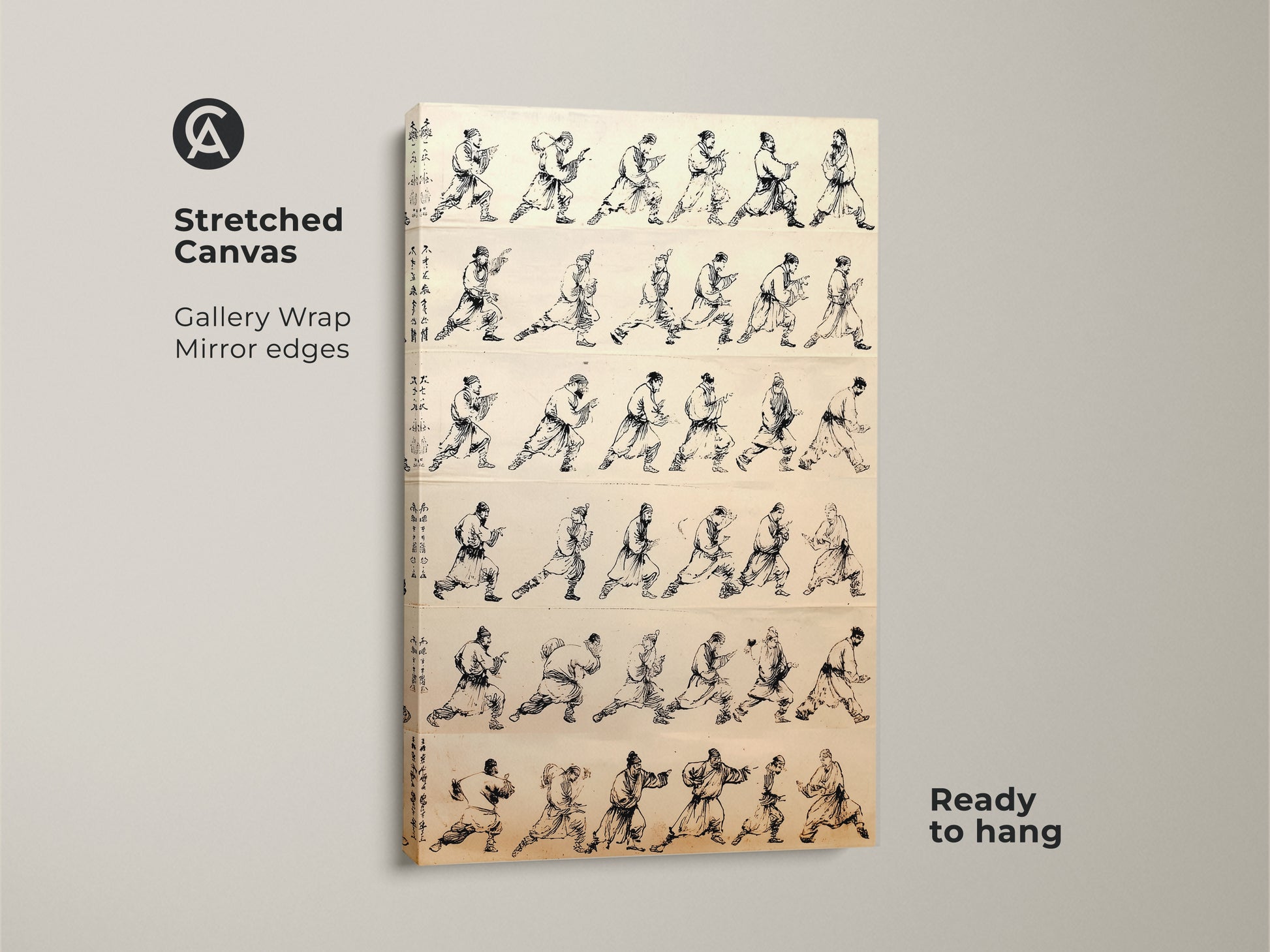 A stretched canvas gallery wrap displays traditional Chinese ink wash art. Minimalist black and white artwork depicts martial arts warrior movement studies. Ready to hang wall decor brings disciplined energy. This kung fu master print is perfect for a refined culturally rich space.