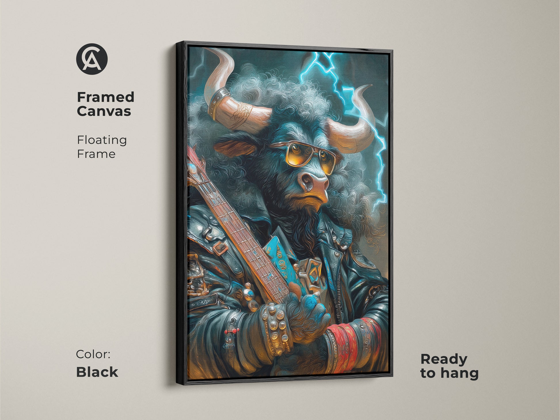 A framed canvas artwork of a bull wearing sunglasses and a leather jacket. The bull is holding a guitar. The frame is a sleek black floating frame and it is ready to hang. A unique art piece.