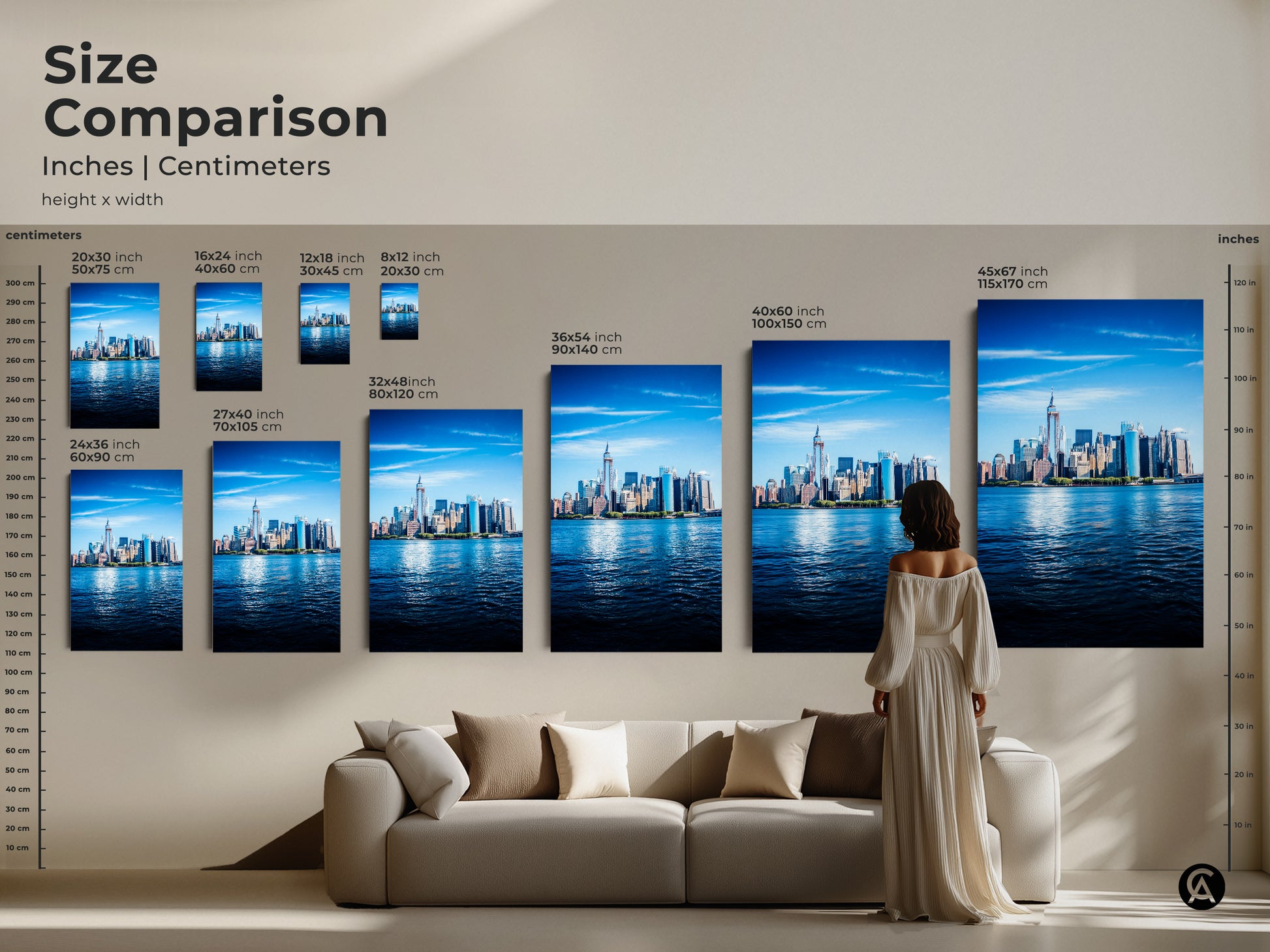 Size comparison of the NYC skyline canvas art in inches & centimeters. See how the modern art fits above a sofa. A great way to visualize the scale of this photorealistic NYC print.
