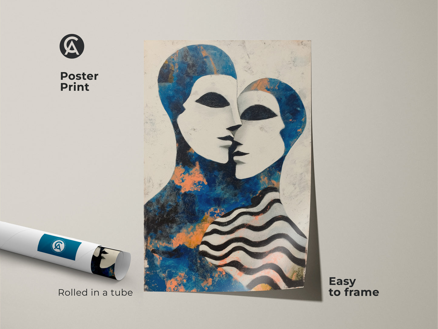 A detailed view of the contemporary figurative art. The canvas print features subtle Orange accents. It's ideal as a modern anniversary gift or a couple portrait artwork. The blue and white wall art is ready to hang for easy display.