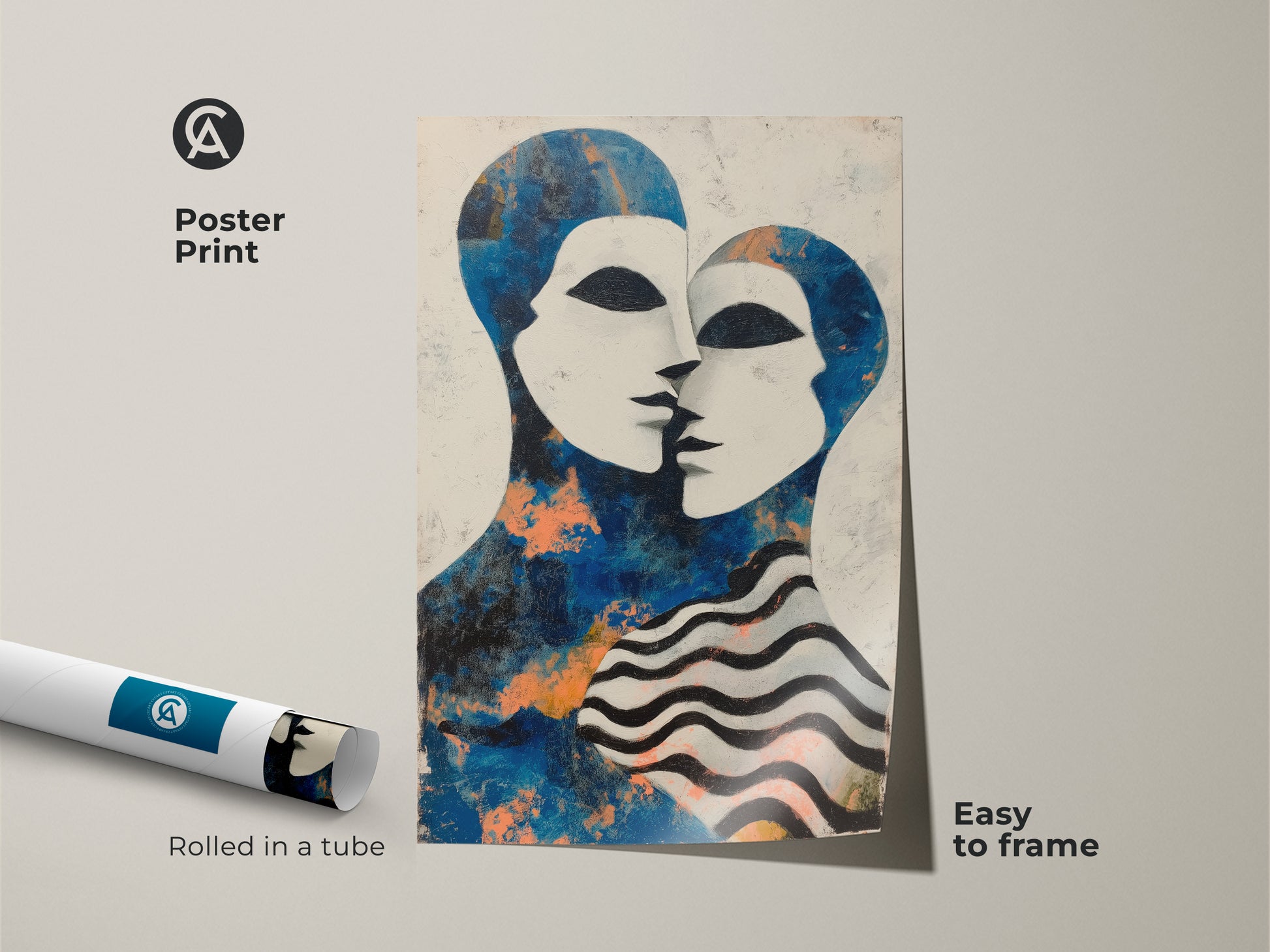 A detailed view of the contemporary figurative art. The canvas print features subtle Orange accents. It's ideal as a modern anniversary gift or a couple portrait artwork. The blue and white wall art is ready to hang for easy display.