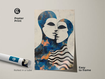 A detailed view of the contemporary figurative art. The canvas print features subtle Orange accents. It's ideal as a modern anniversary gift or a couple portrait artwork. The blue and white wall art is ready to hang for easy display.