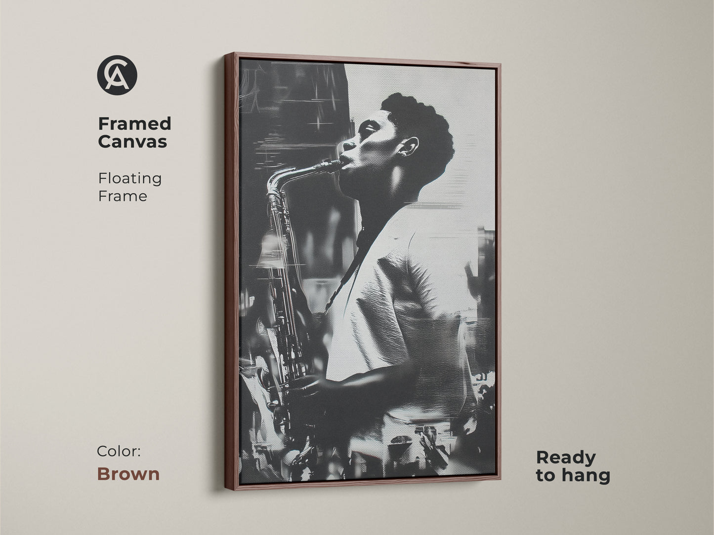 Brown framed canvas art featuring a black and white image of a man playing the saxophone. The floating frame enhances the artwork's visual appeal. Ready to hang for easy installation. A timeless piece to complement your interior.