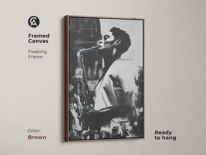 Brown framed canvas art featuring a black and white image of a man playing the saxophone. The floating frame enhances the artwork's visual appeal. Ready to hang for easy installation. A timeless piece to complement your interior.
