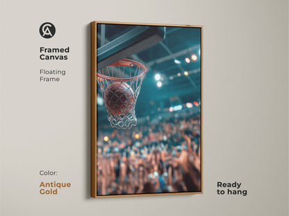 Framed canvas art showcasing a basketball swishing through the net. The antique gold floating frame adds a touch of elegance. Ready to hang and adds a sporty yet sophisticated vibe. Perfect for basketball fans.