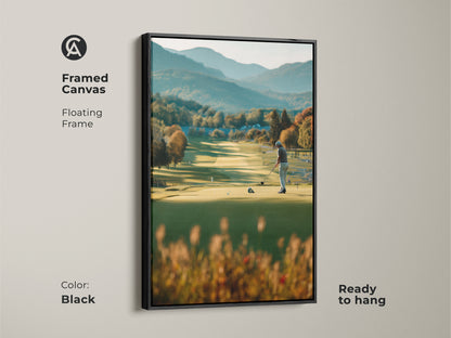 Enhance your decor with this framed canvas golf artwork. It features a golfer ready to tee off on a beautiful course. The black floating frame adds a touch of sophistication. This ready-to-hang piece brings sporty elegance to your space.