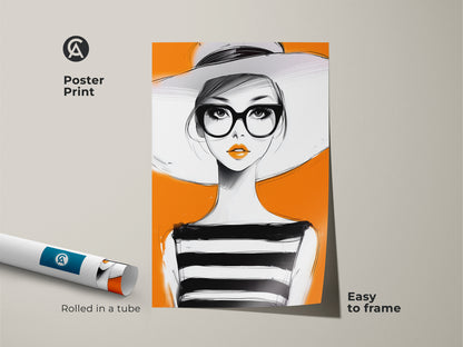 Poster print of a pop art woman. The artwork is rolled in a tube and easy to frame. Features a modern fashion poster of a woman with orange lips. She is wearing a large hat and glasses. A trendy wall art canvas for upscale boutique art.