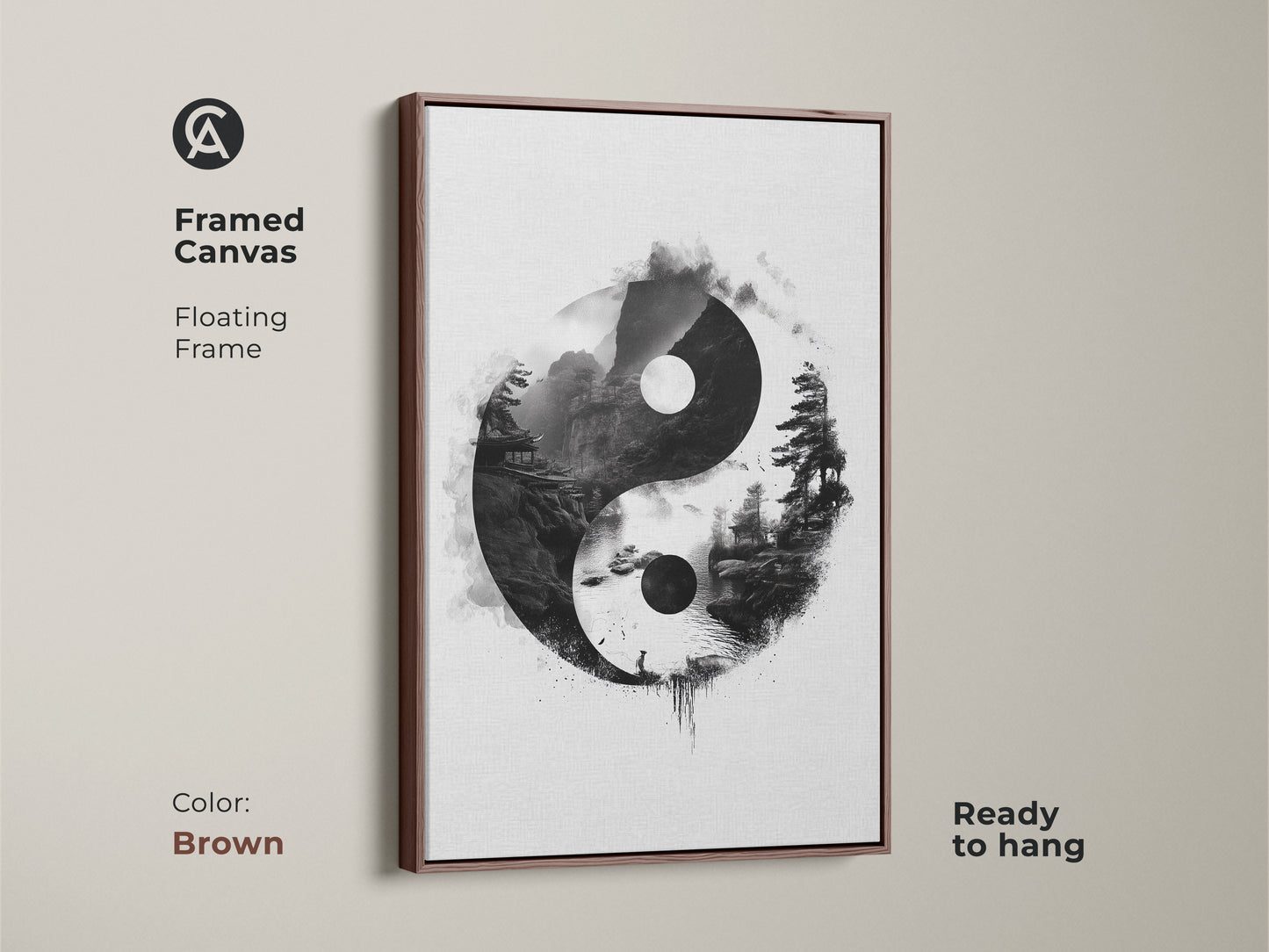 Brown framed canvas with floating frame featuring Yin Yang art. This Zen landscape print with pagoda in ink wash style creates balanced energy. This ready to hang meditation gift is minimalist.