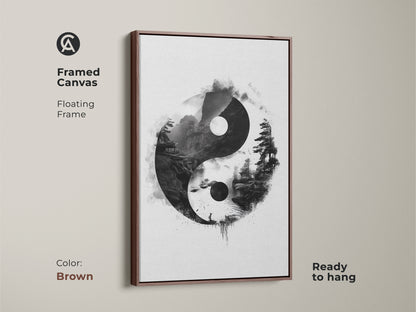Brown framed canvas with floating frame featuring Yin Yang art. This Zen landscape print with pagoda in ink wash style creates balanced energy. This ready to hang meditation gift is minimalist.