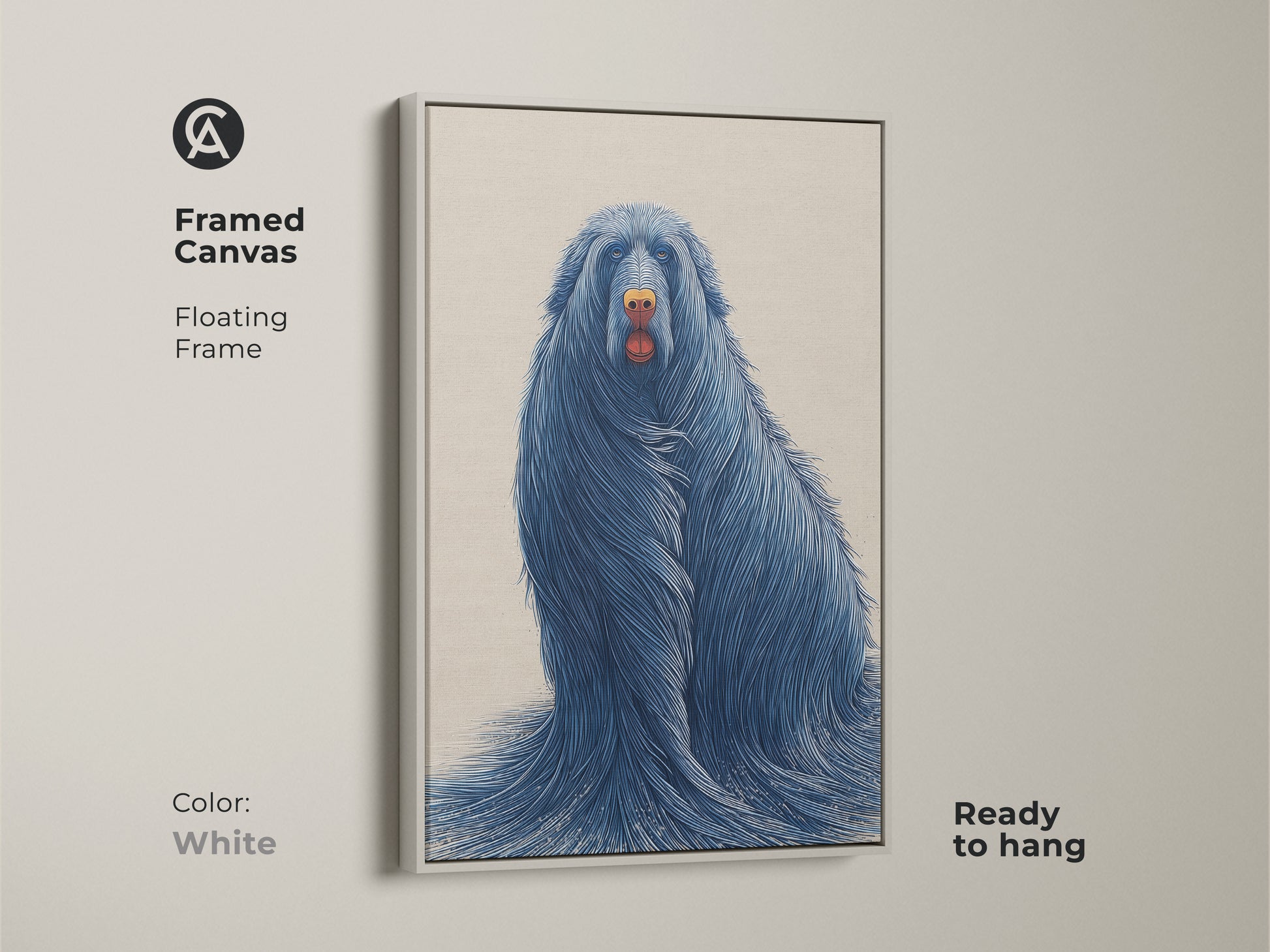 White framed canvas presents a surreal blue dog. This ready to hang eclectic animal print is clean and modern. Perfect as a gift for dog lovers or unique wall decor.