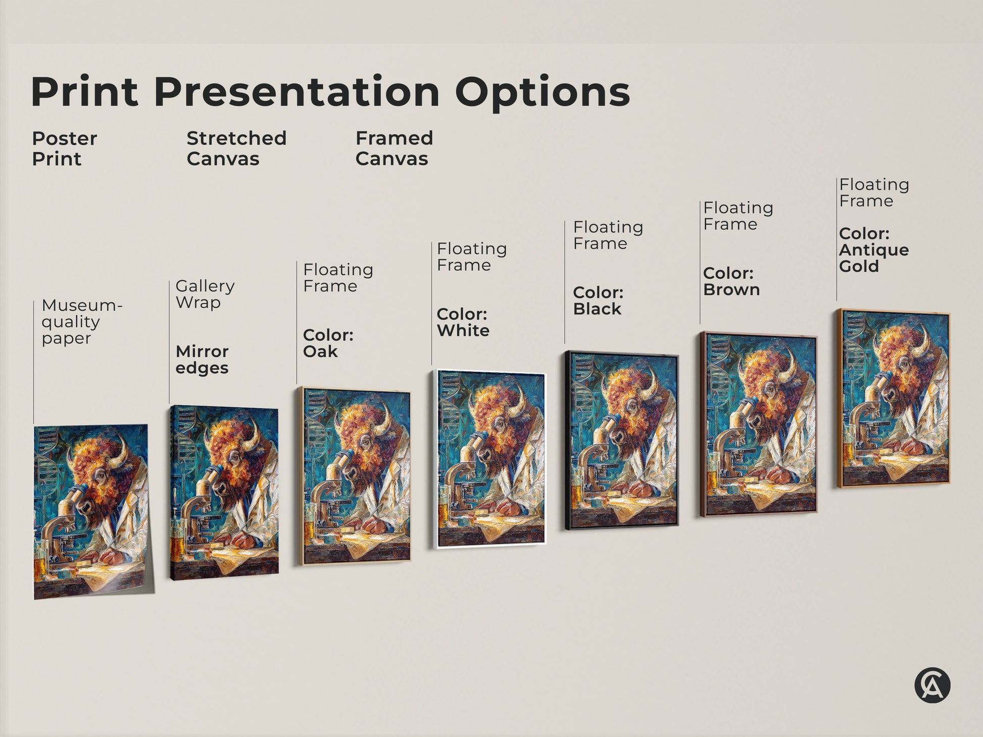 Explore print presentation options for the buffalo scientist artwork. Choose from poster stretched or framed canvas. Select a floating frame in black brown white or oak. Find the perfect museum-quality wall art to match your style.