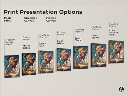 Explore print presentation options for the buffalo scientist artwork. Choose from poster stretched or framed canvas. Select a floating frame in black brown white or oak. Find the perfect museum-quality wall art to match your style.