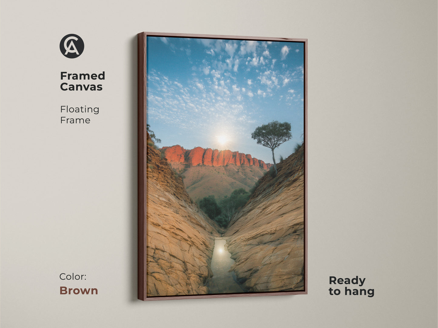Transform your space with this framed canvas featuring an Australian desert canyon. The brown floating frame complements the orange and blue tones of this nature artwork. Ready to hang this red rock landscape print is ideal for residential or office wall art. A unique travel gift idea.
