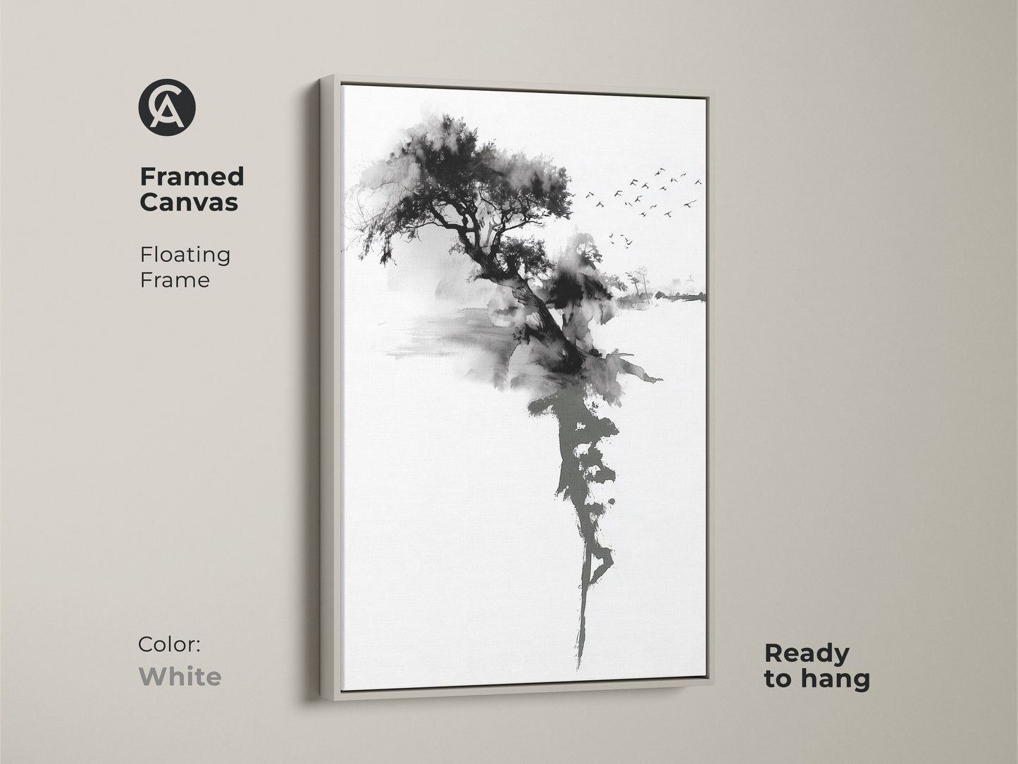 White framed canvas showcasing the Ink Wash Tree artwork. This minimalist black and white Sumi-e landscape brings peaceful zen nature to your walls. Ready to hang abstract tree decor provides neutral color art.