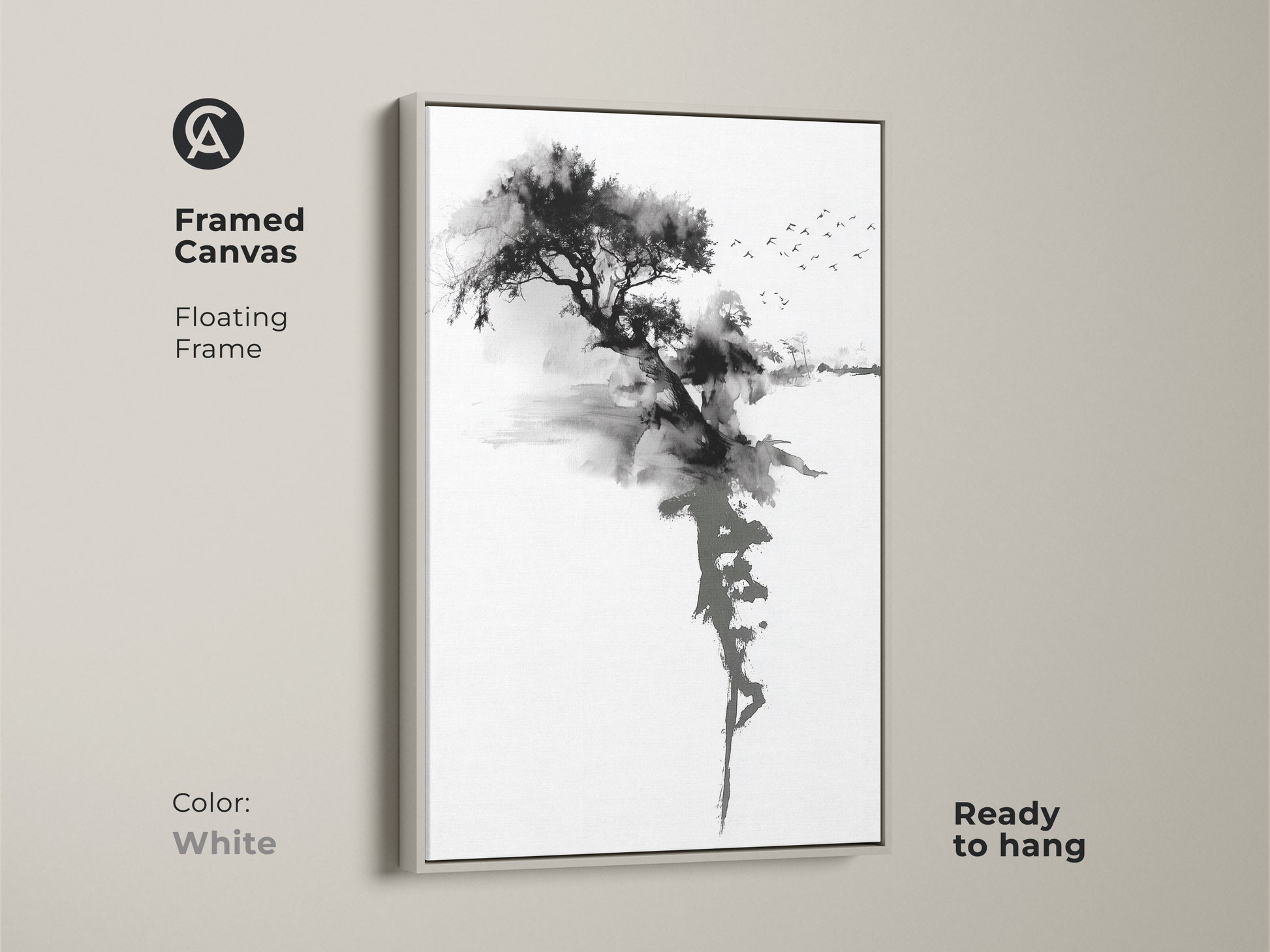 White framed canvas showcasing the Ink Wash Tree artwork. This minimalist black and white Sumi-e landscape brings peaceful zen nature to your walls. Ready to hang abstract tree decor provides neutral color art.