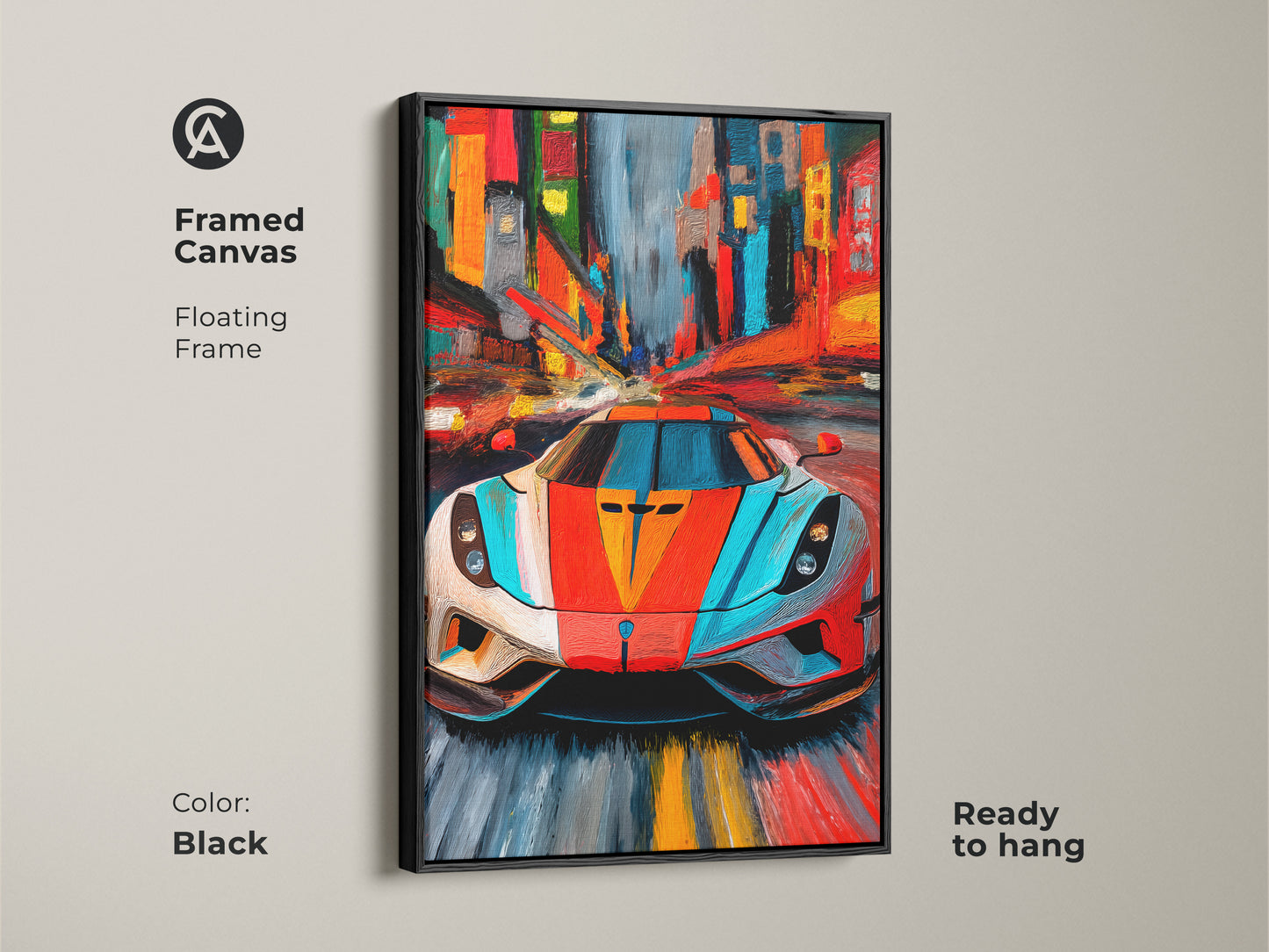 Framed canvas featuring an abstract supercar art against a modern cityscape. The black floating frame enhances the artwork's contemporary style. Ready to hang this piece is perfect for adding color to an office or living room. A unique blend of automotive passion and artistic expression with red blue and orange tones.
