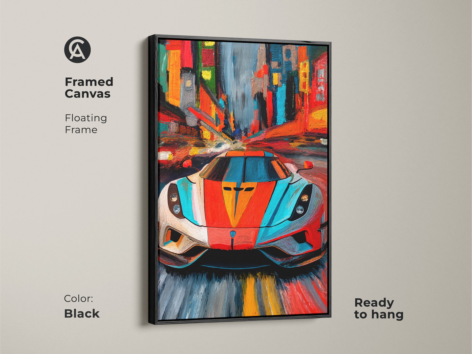 Framed canvas featuring an abstract supercar art against a modern cityscape. The black floating frame enhances the artwork's contemporary style. Ready to hang this piece is perfect for adding color to an office or living room. A unique blend of automotive passion and artistic expression with red blue and orange tones.